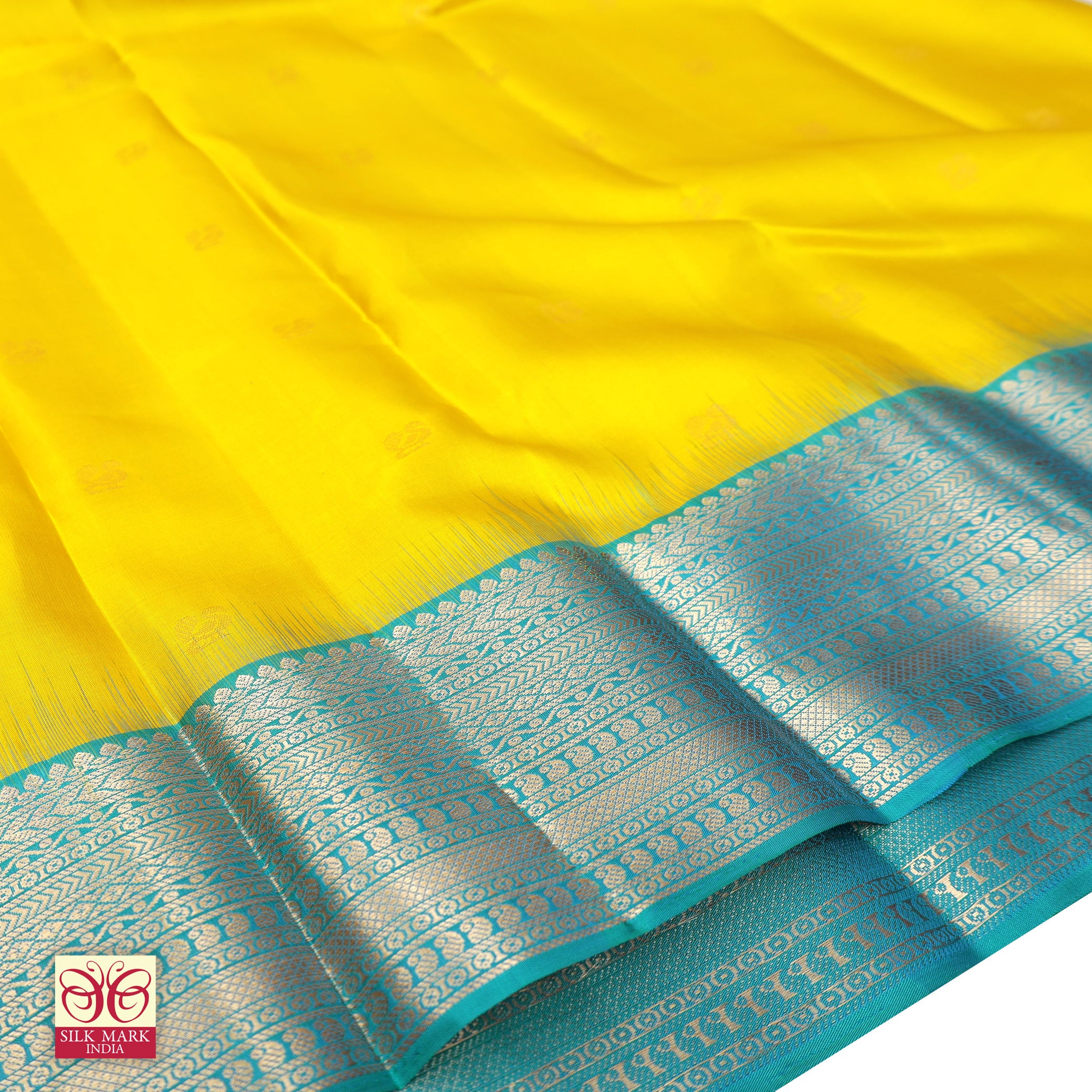 Mustard Yellow With Sky Blue Kanchipuram Pure Soft Silk Saree