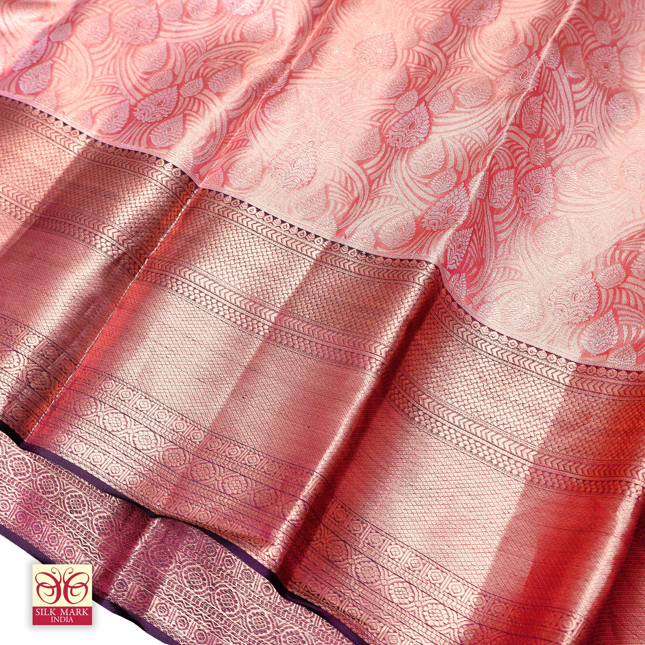 Peach Color Gold Zari border Tissue Wedding Silk Saree