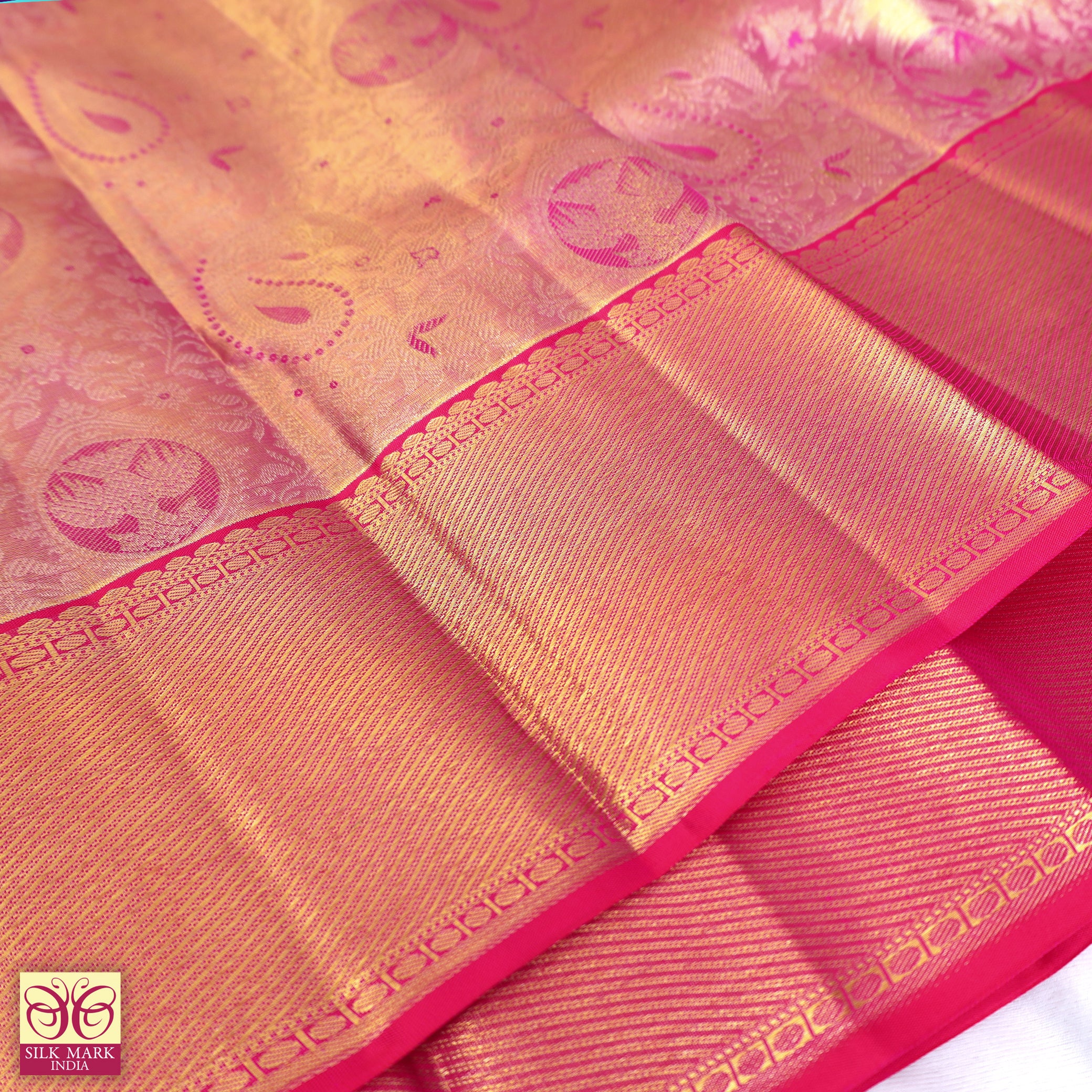 Light Pink With Rani Pink Gold Zeri border Tissue KanchipuramWedding Silk Saree