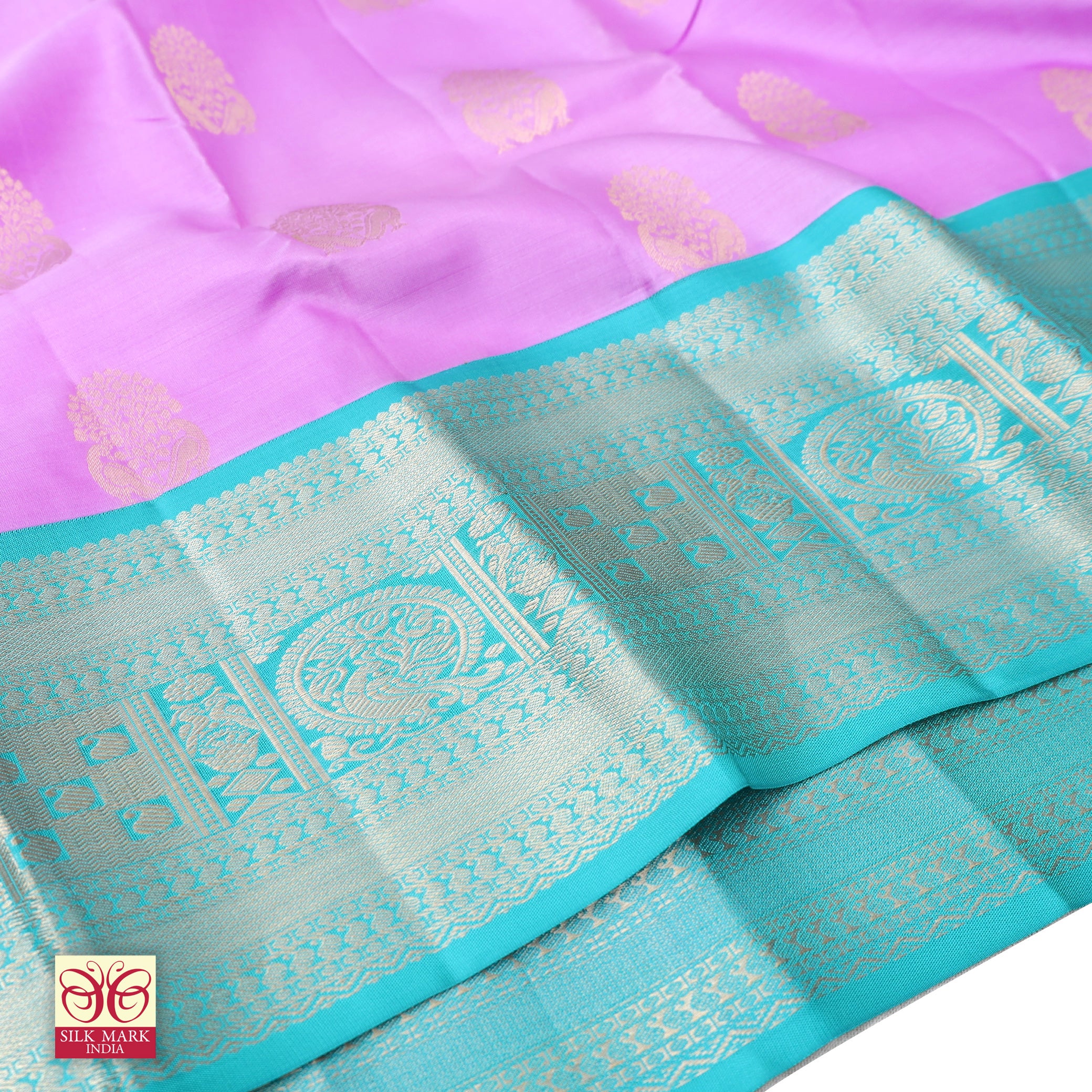 Pastel Pink With Turquoise Blue Kanchipuram Pure Soft Silk Saree