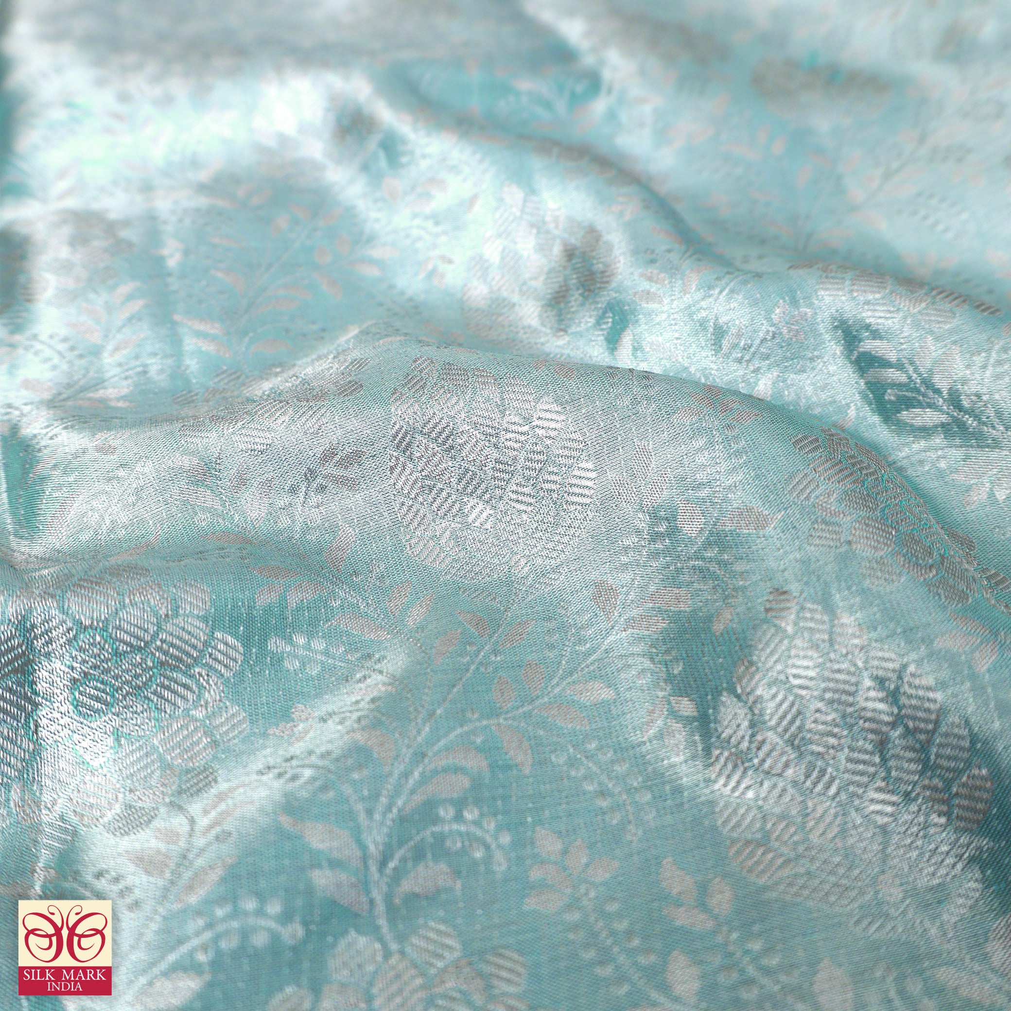 Turquoise Blue With Sky Blue Silver Zari border Tissue Kanchipuram Wedding Silk Saree