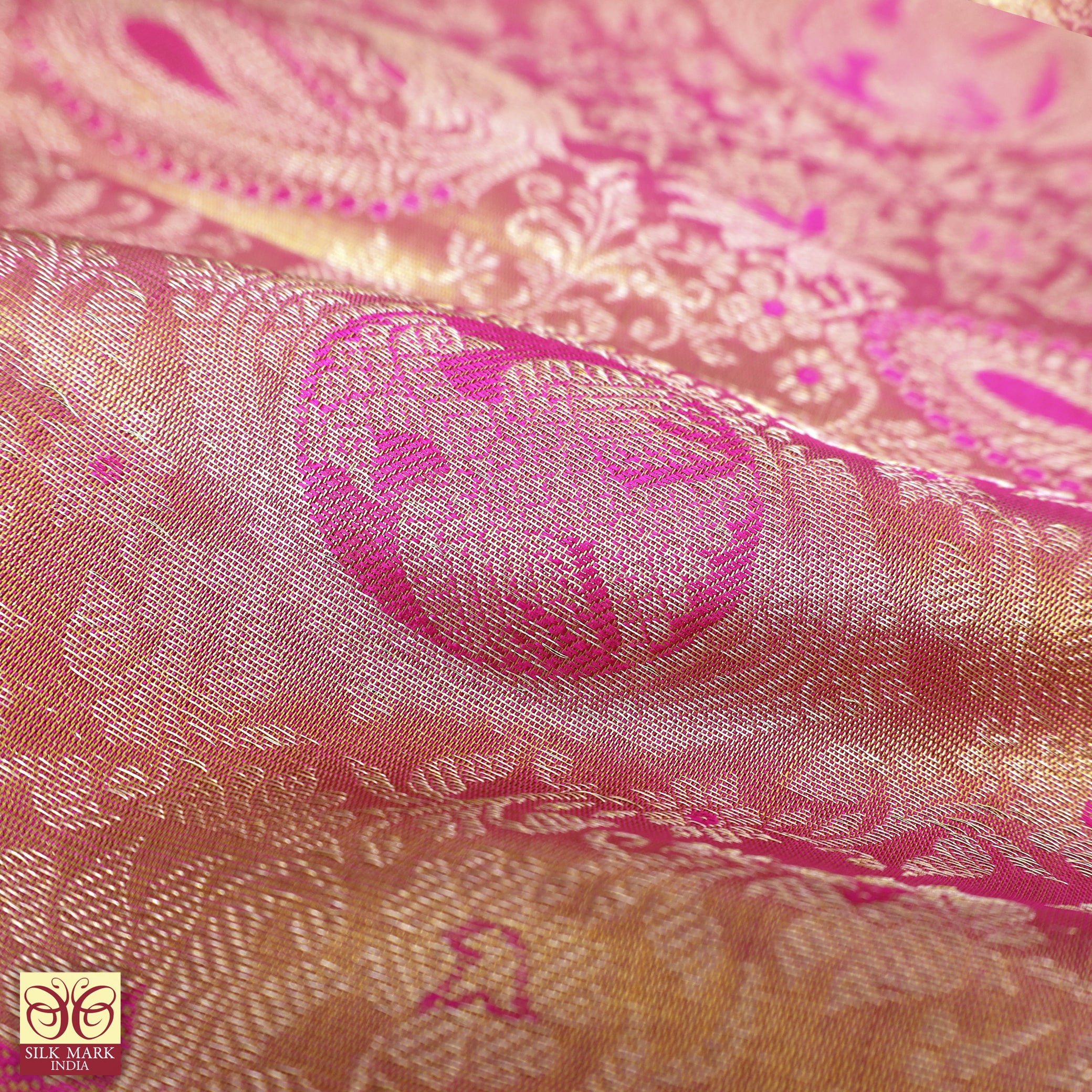 Light Pink With Rani Pink Gold Zeri border Tissue KanchipuramWedding Silk Saree
