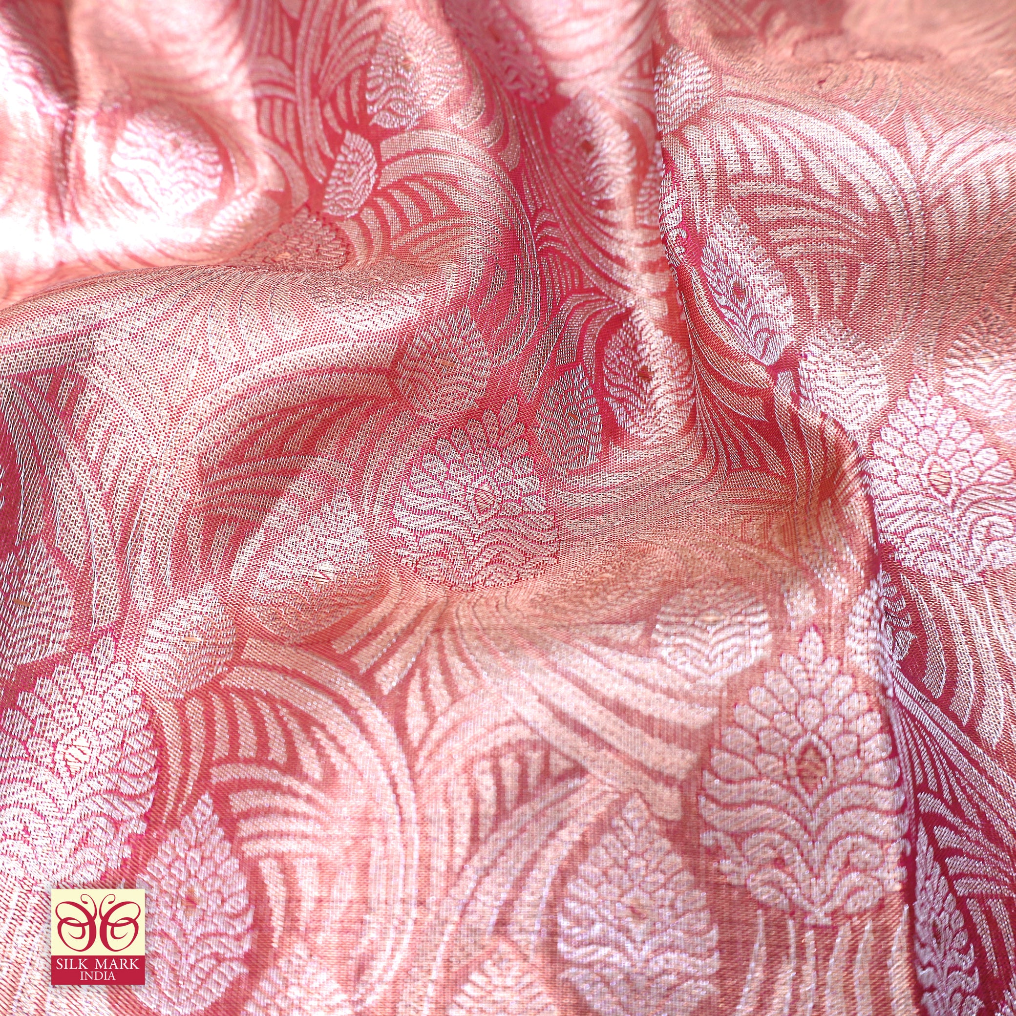 Peach Color Gold Zari border Tissue Wedding Silk Saree