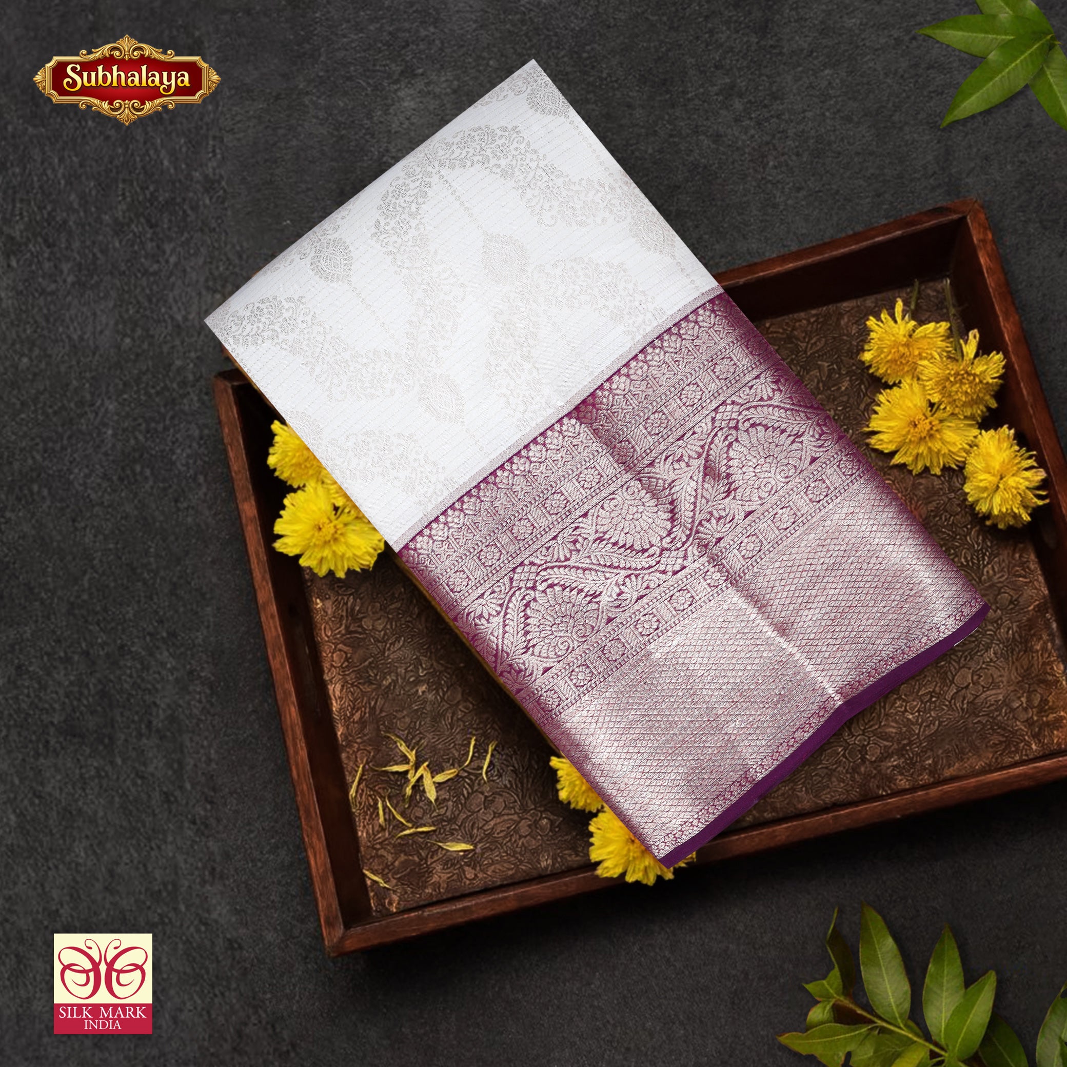 White With Purple Gold Zari border Subhalaya Wedding Silk Saree