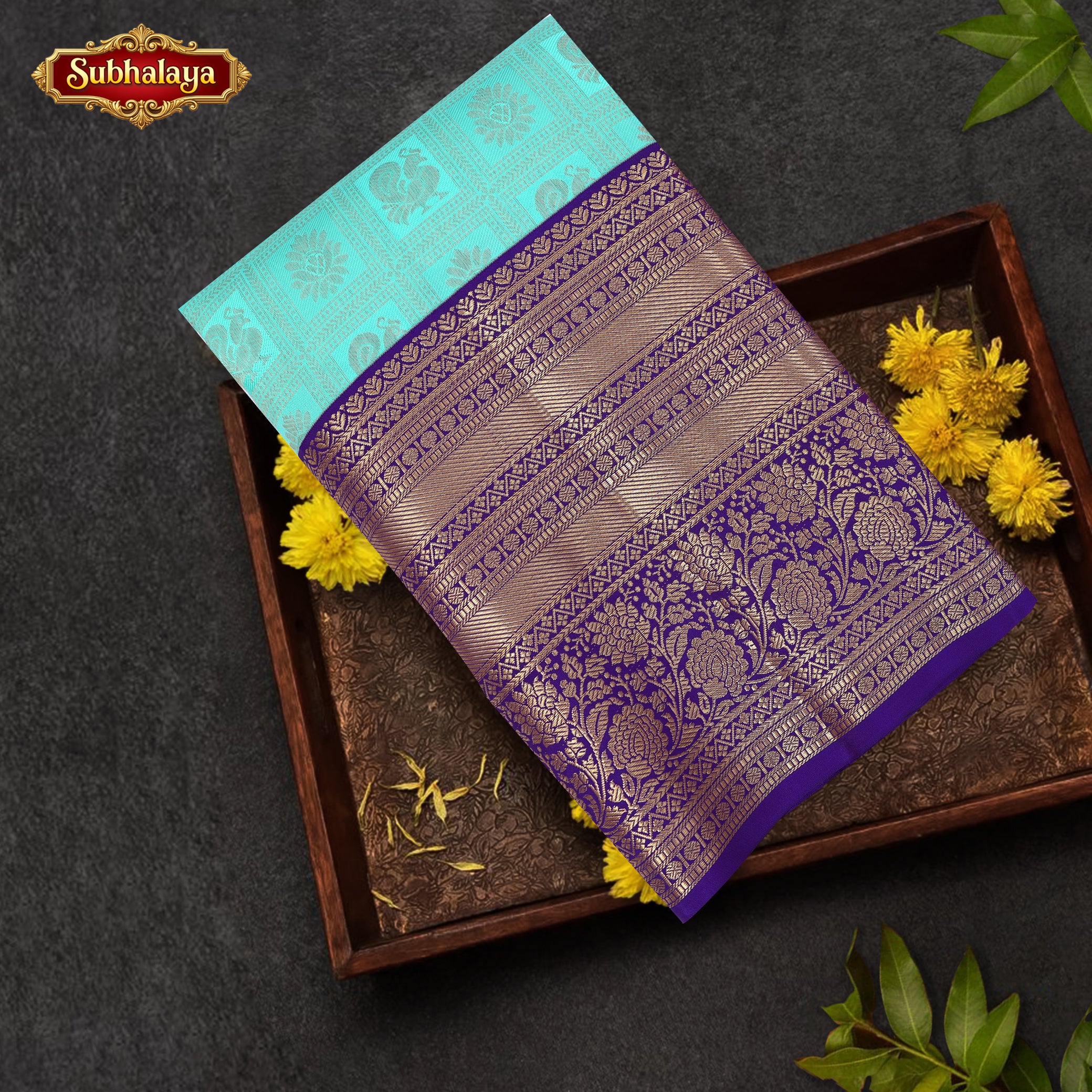 Turquoise Blue With  Violet Gold Zeri border Subalaya Wedding Silk Saree