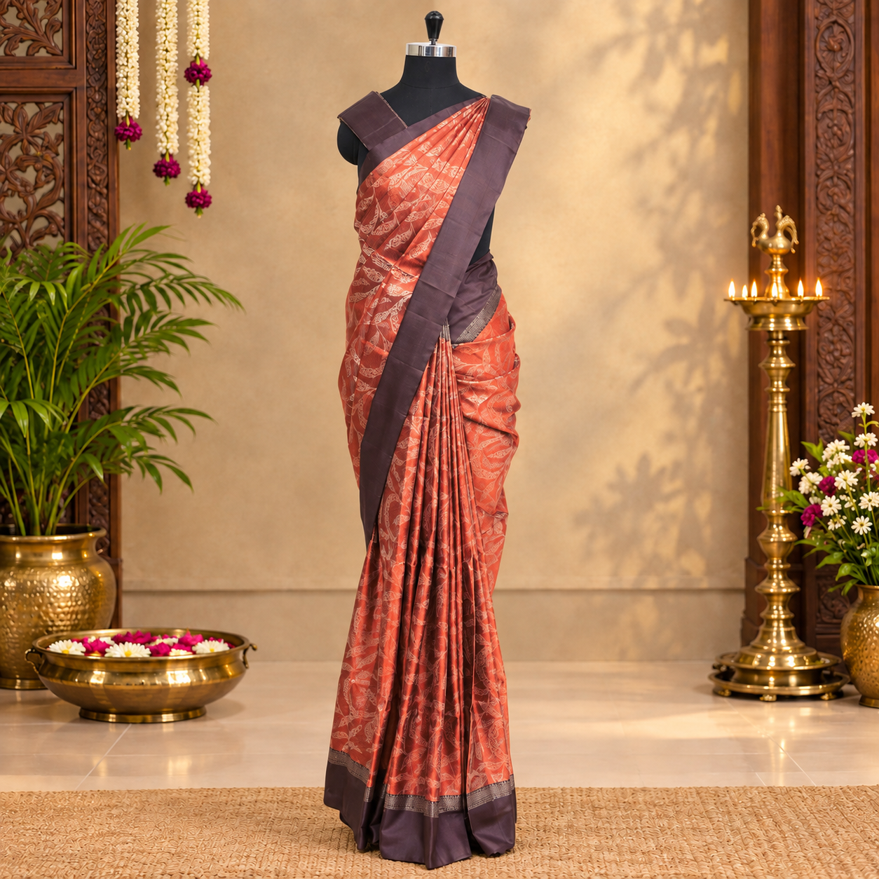 Rust Orange With Dark Chocolate Brown Premium Pure Soft Silk Saree