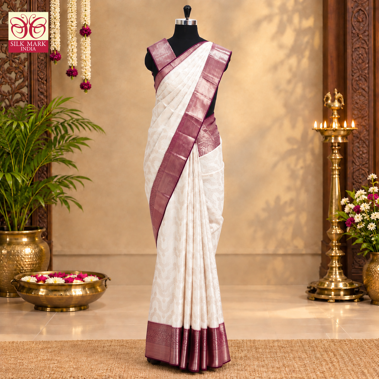 White With Purple Gold Zari border Subhalaya Wedding Silk Saree