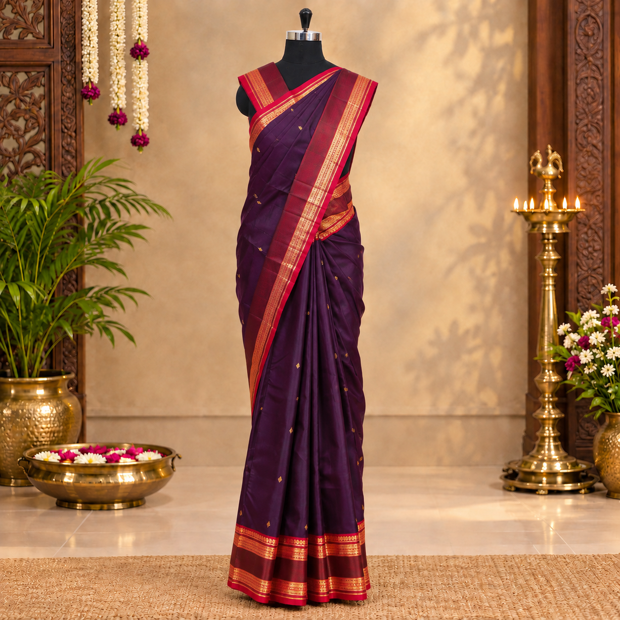 Dark Violet With Red Kanchipuram Pure Soft Silk Saree