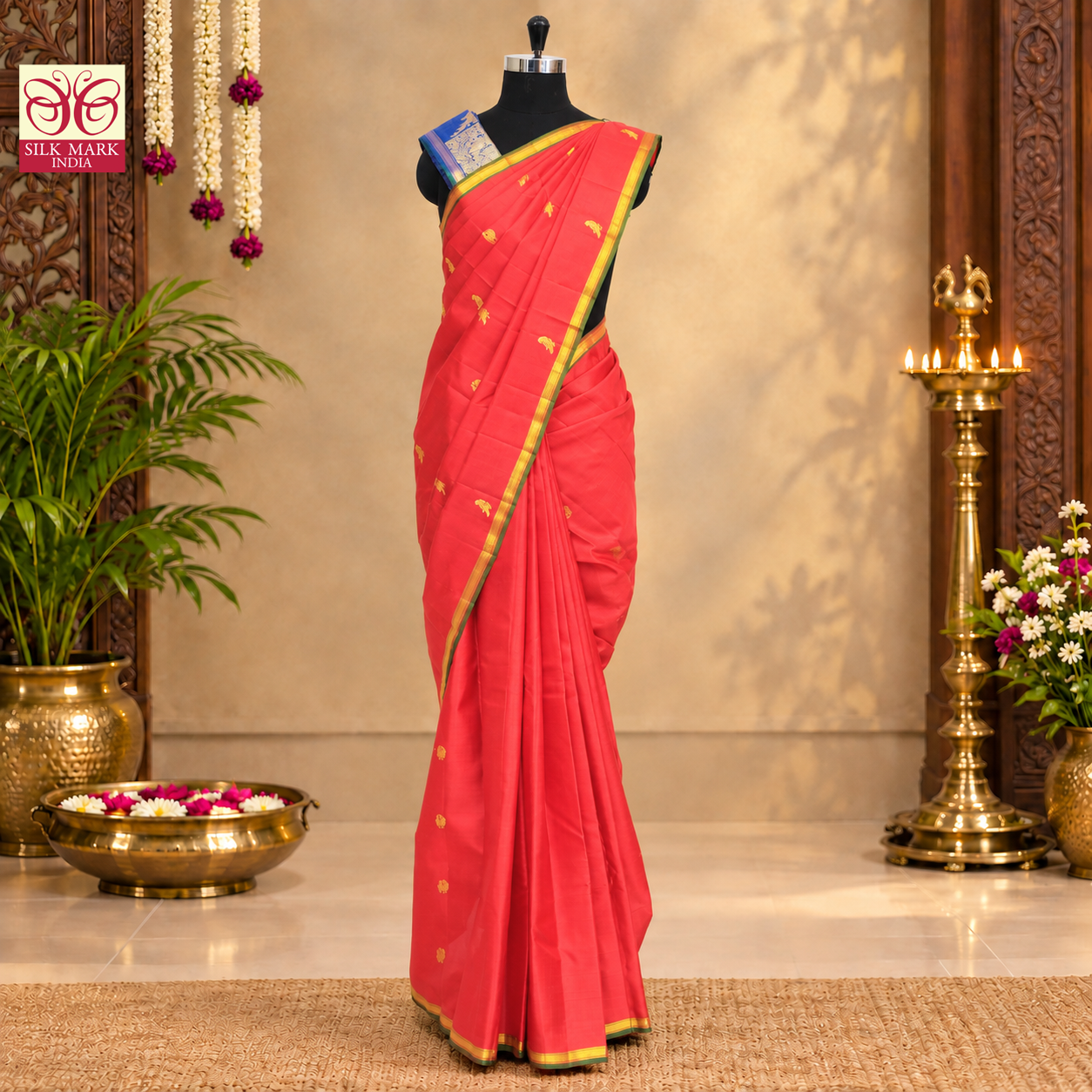 Red With Blue Kanchipuram Pure Soft Silk Saree