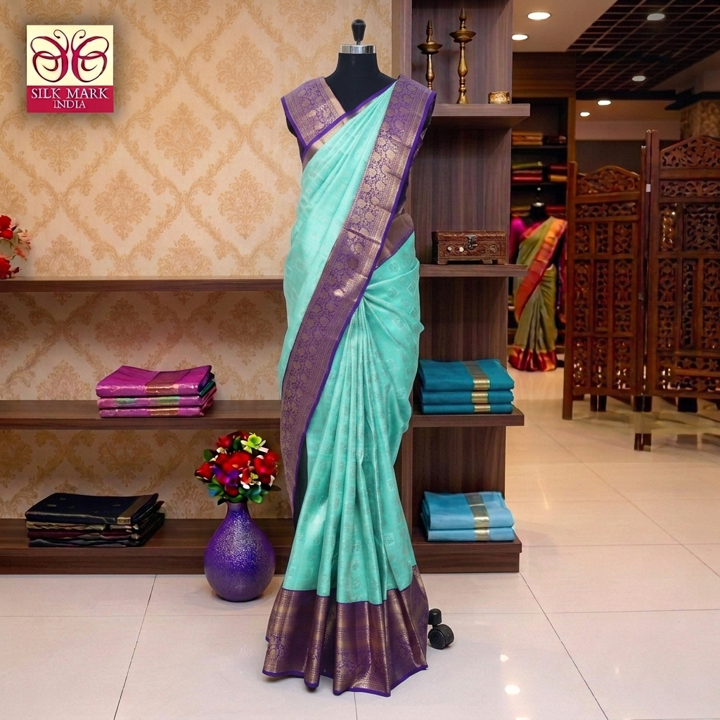 Turquoise Blue With  Violet Gold Zeri border Subalaya Wedding Silk Saree