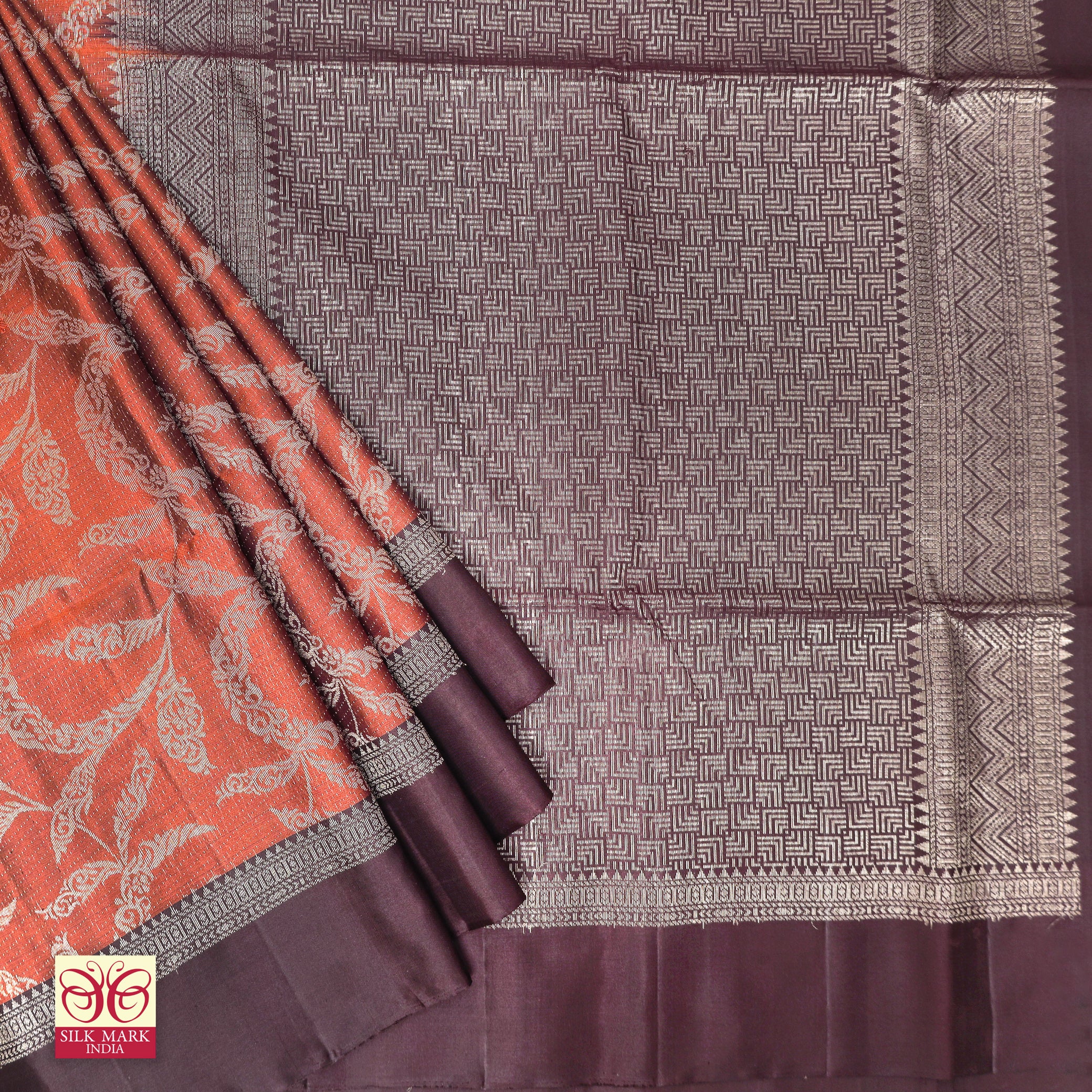 Rust Orange With Dark Chocolate Brown Premium Pure Soft Silk Saree