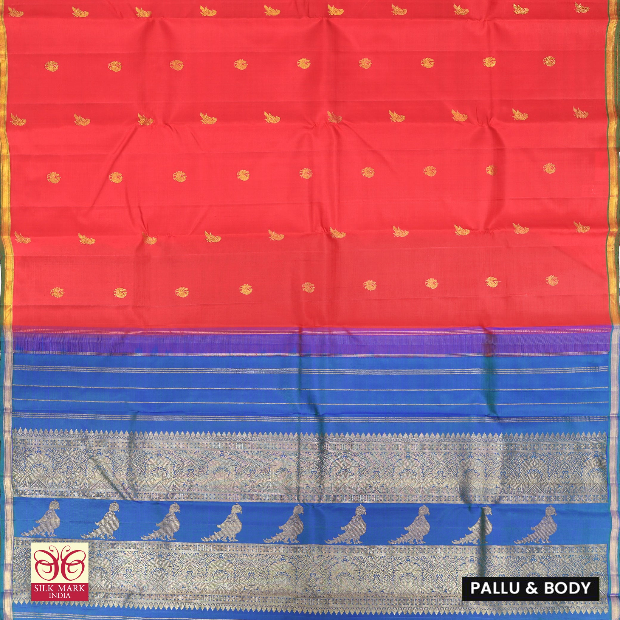 Red With Blue Kanchipuram Pure Soft Silk Saree