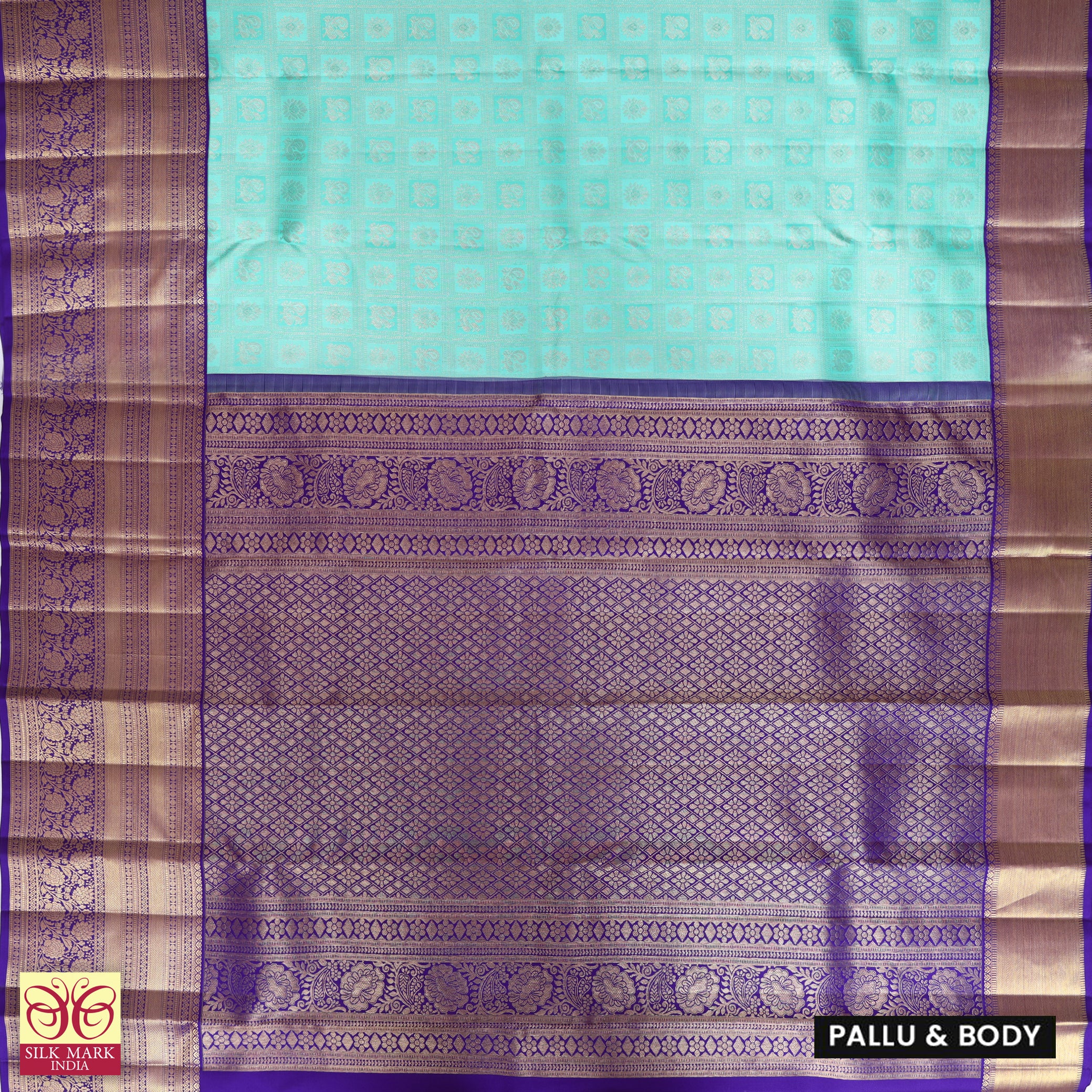 Turquoise Blue With  Violet Gold Zeri border Subalaya Wedding Silk Saree