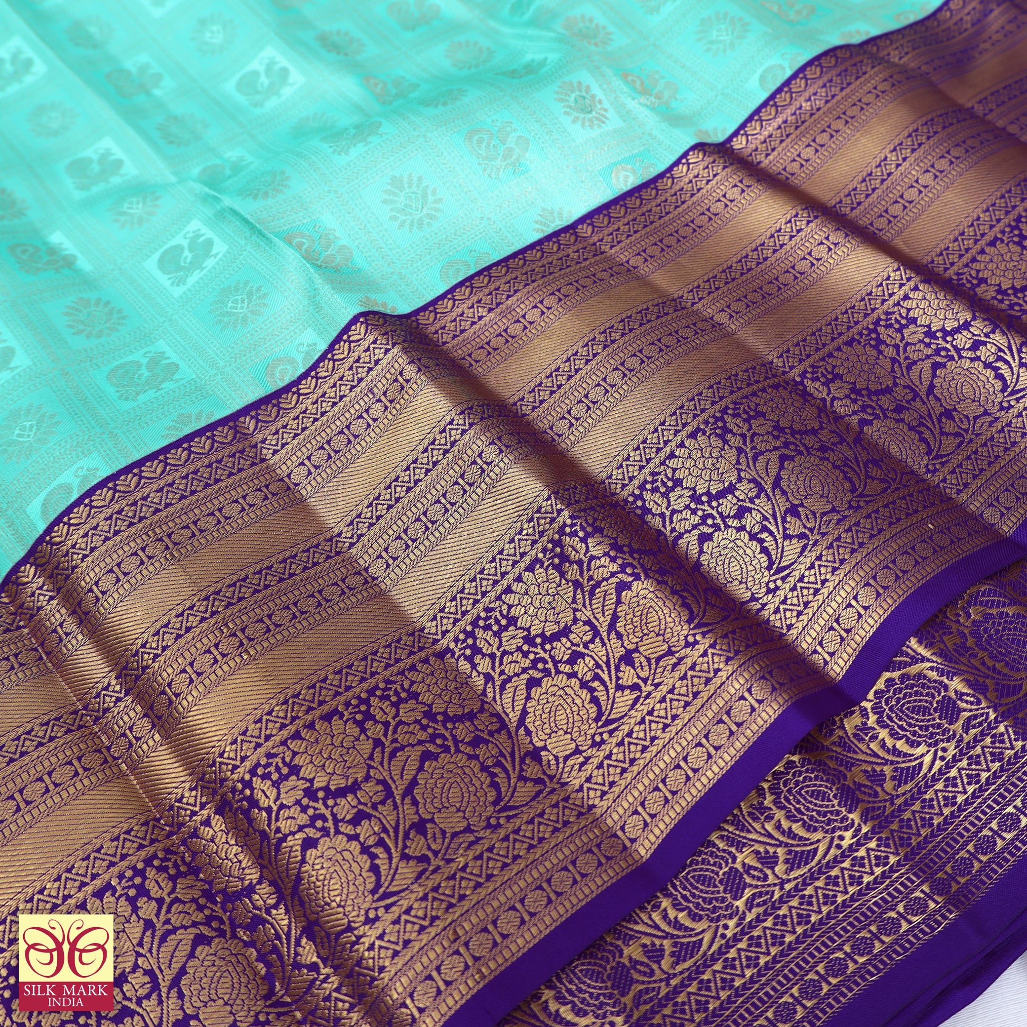Turquoise Blue With  Violet Gold Zeri border Subalaya Wedding Silk Saree