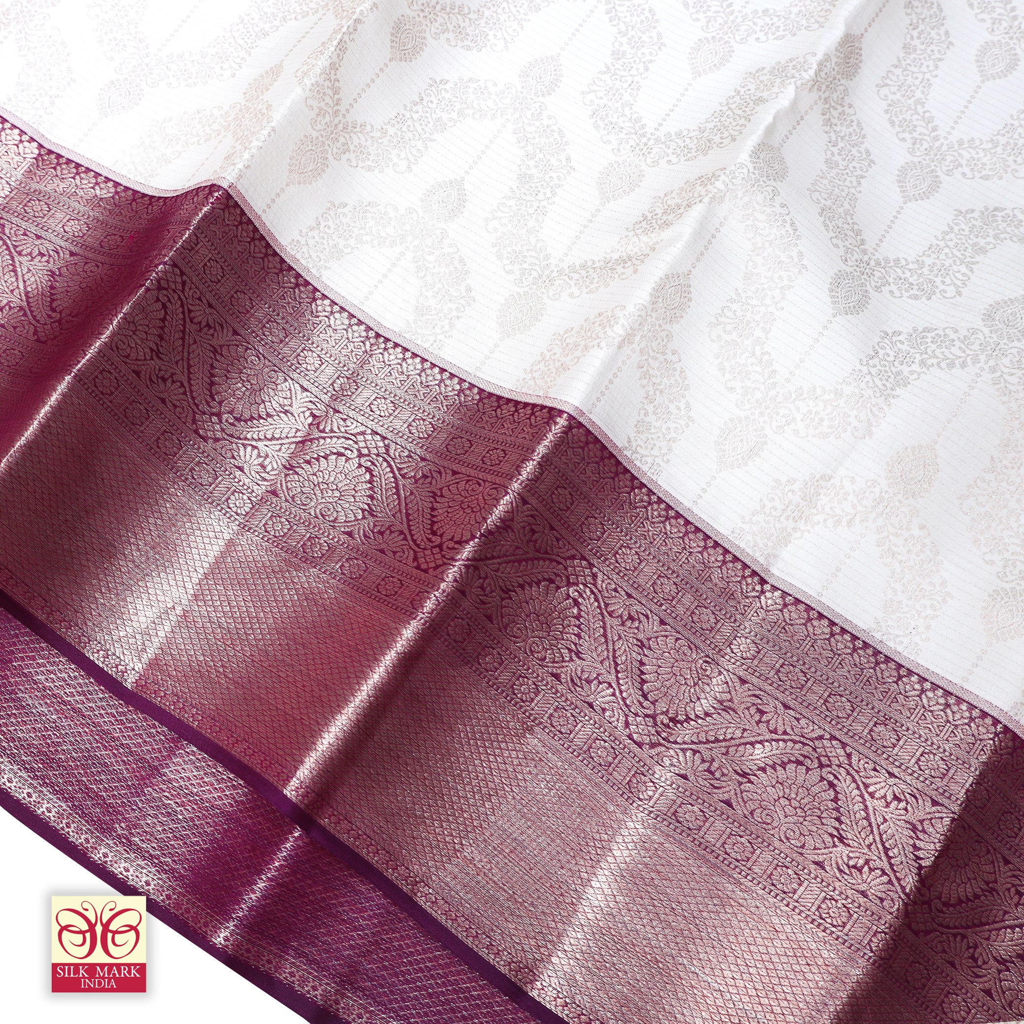 White With Purple Gold Zari border Subhalaya Wedding Silk Saree