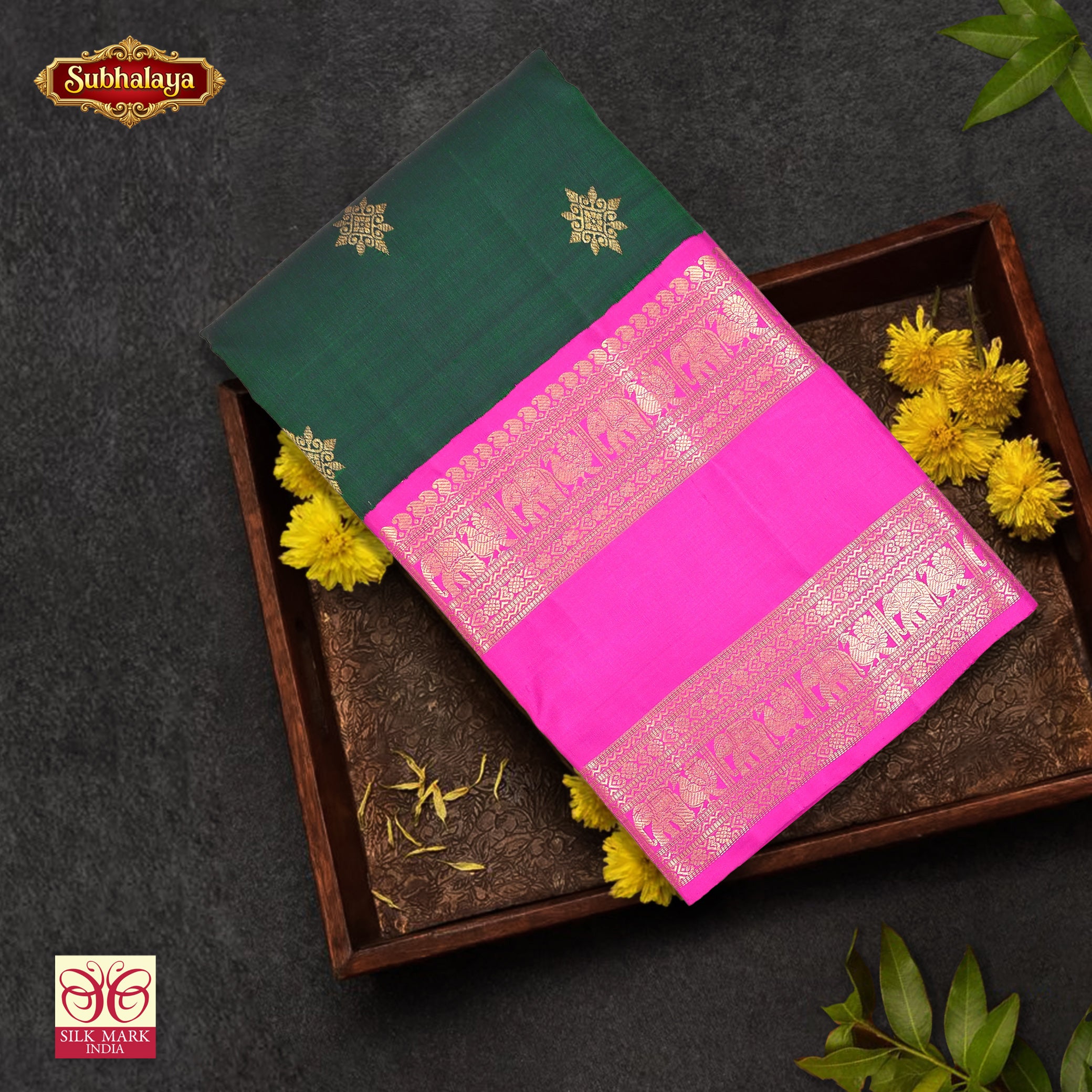 Bottle Green With Magenta Pink Kanchipuram Pure Soft Silk Saree