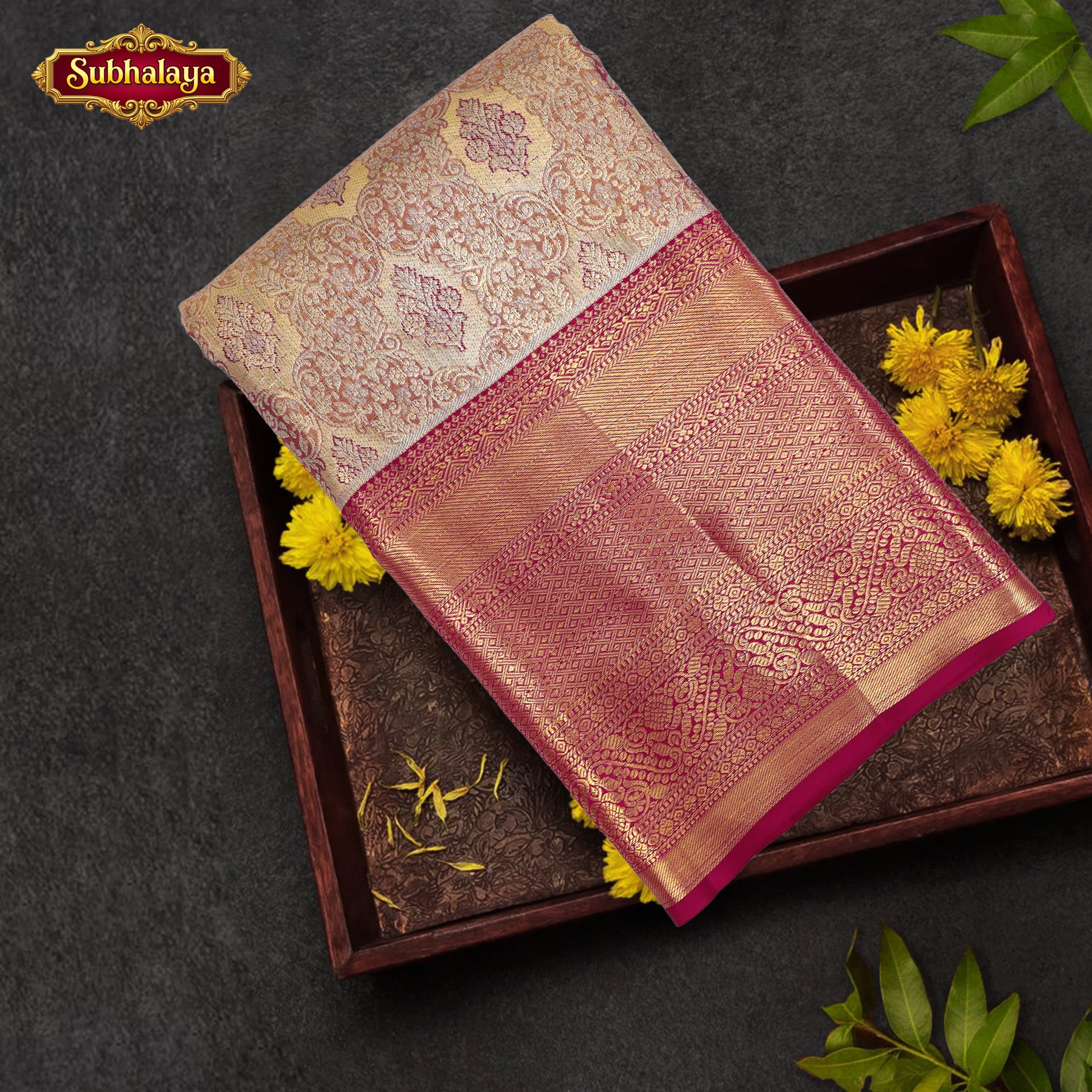 Rose Wood Pink With Rani Pink Gold Zeri border Tissue KanchipuramWedding Silk Saree