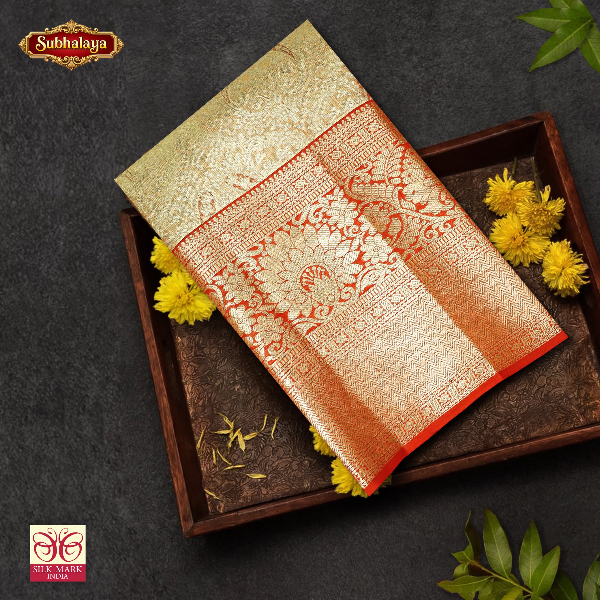 Golden WithRed Gold Zari border Tissue Wedding Silk Saree