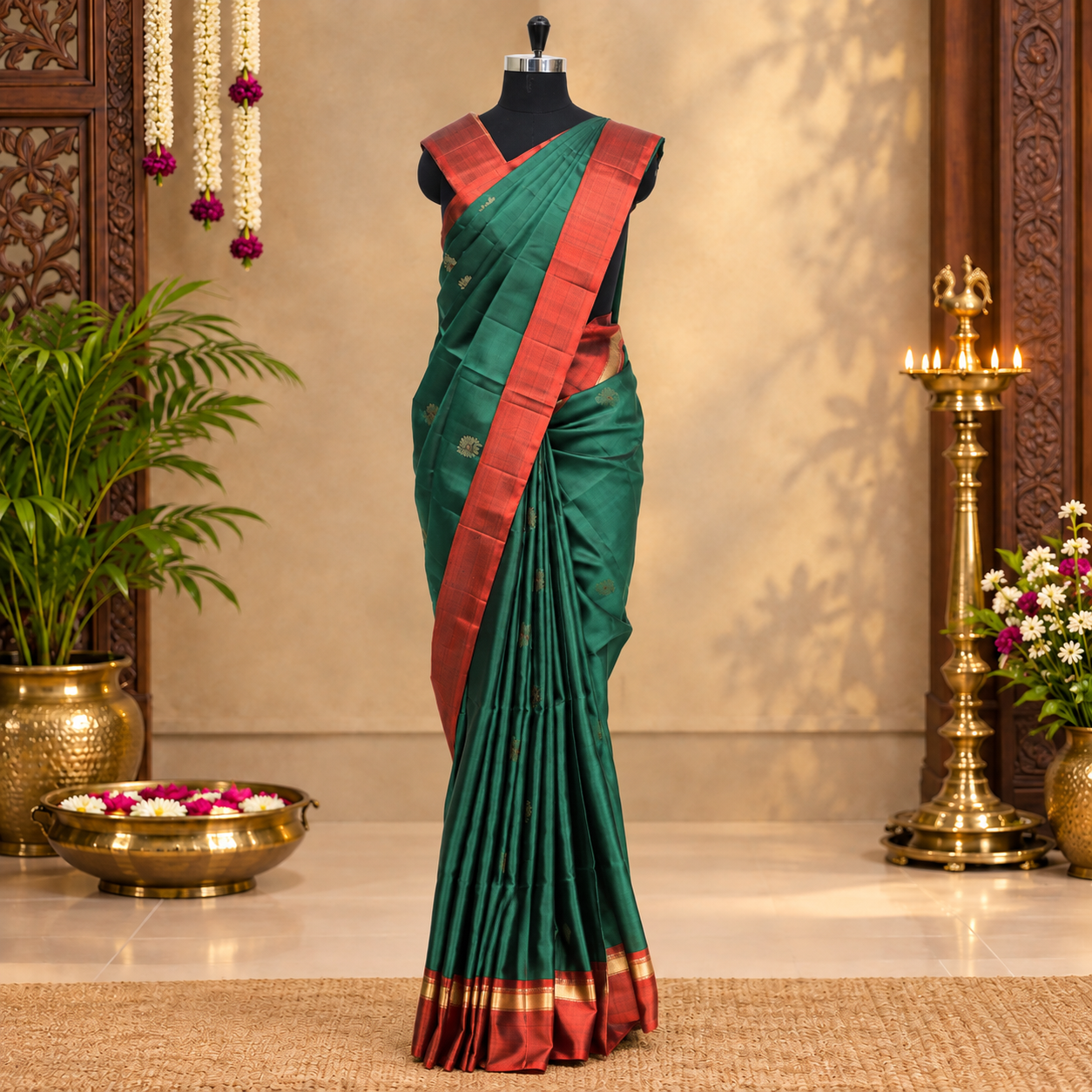 Bottle Green With Mroon Premium Pure Soft Silk Saree