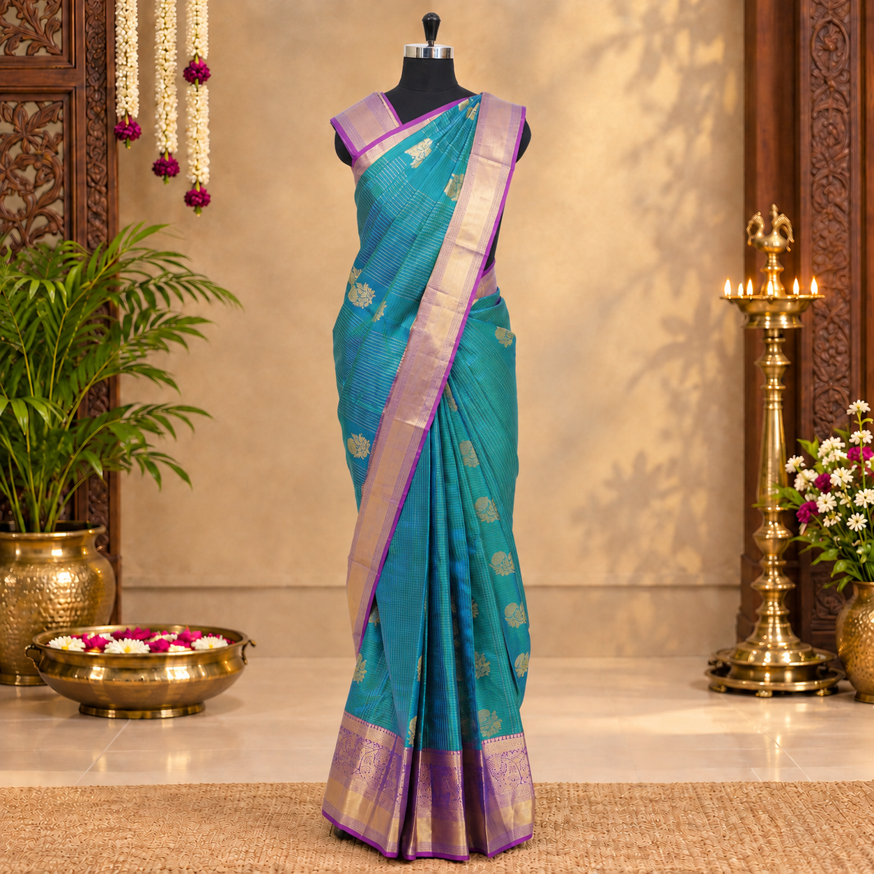 Green With Magenta Pink Kanchipuram Pure Soft Silk Saree