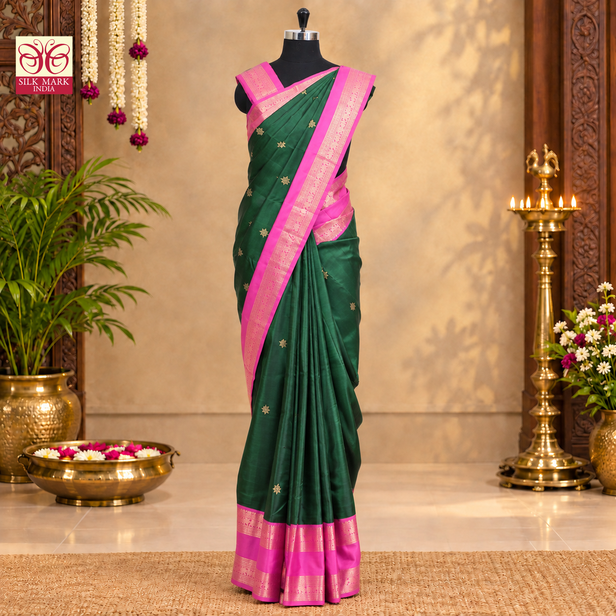 Bottle Green With Magenta Pink Kanchipuram Pure Soft Silk Saree