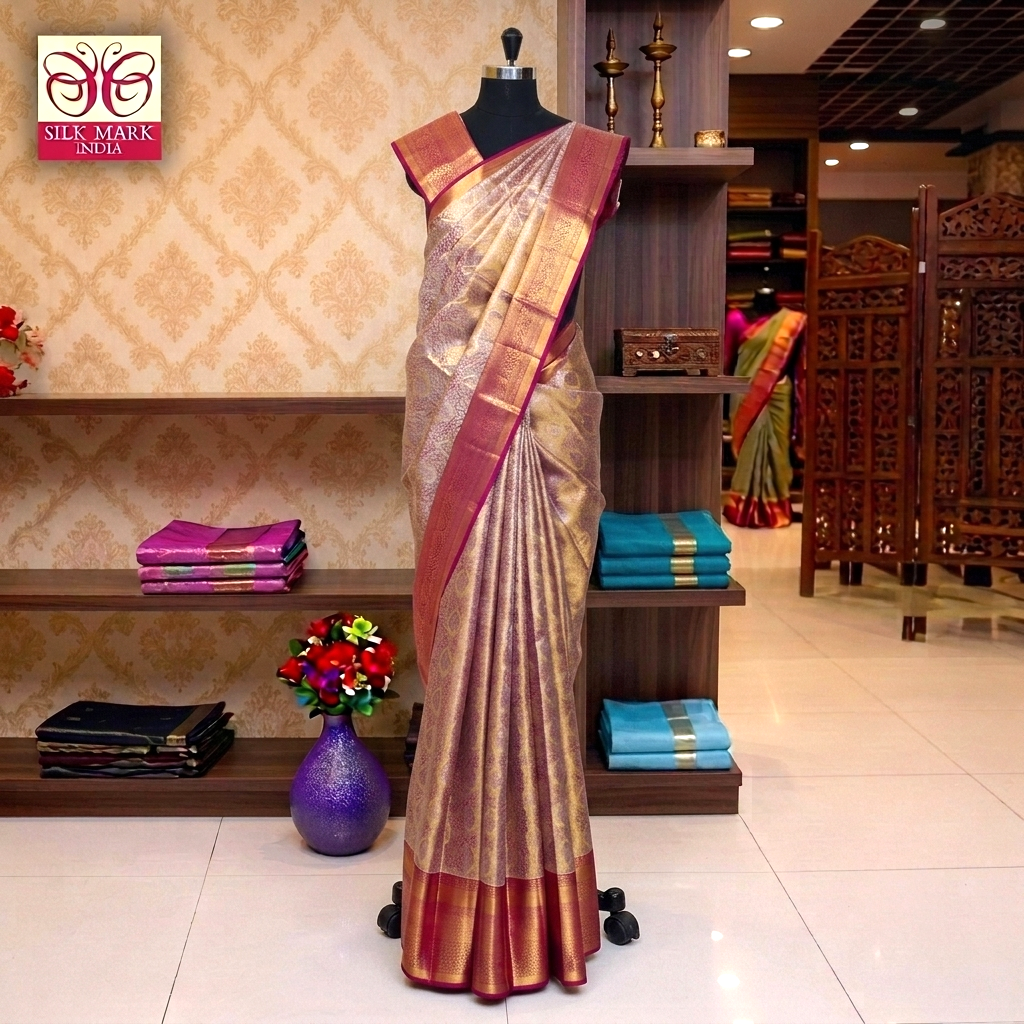Rose Wood Pink With Rani Pink Gold Zeri border Tissue KanchipuramWedding Silk Saree