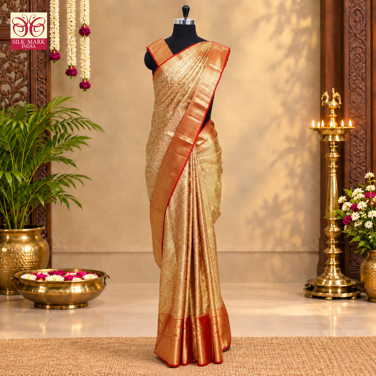 Golden WithRed Gold Zari border Tissue Wedding Silk Saree