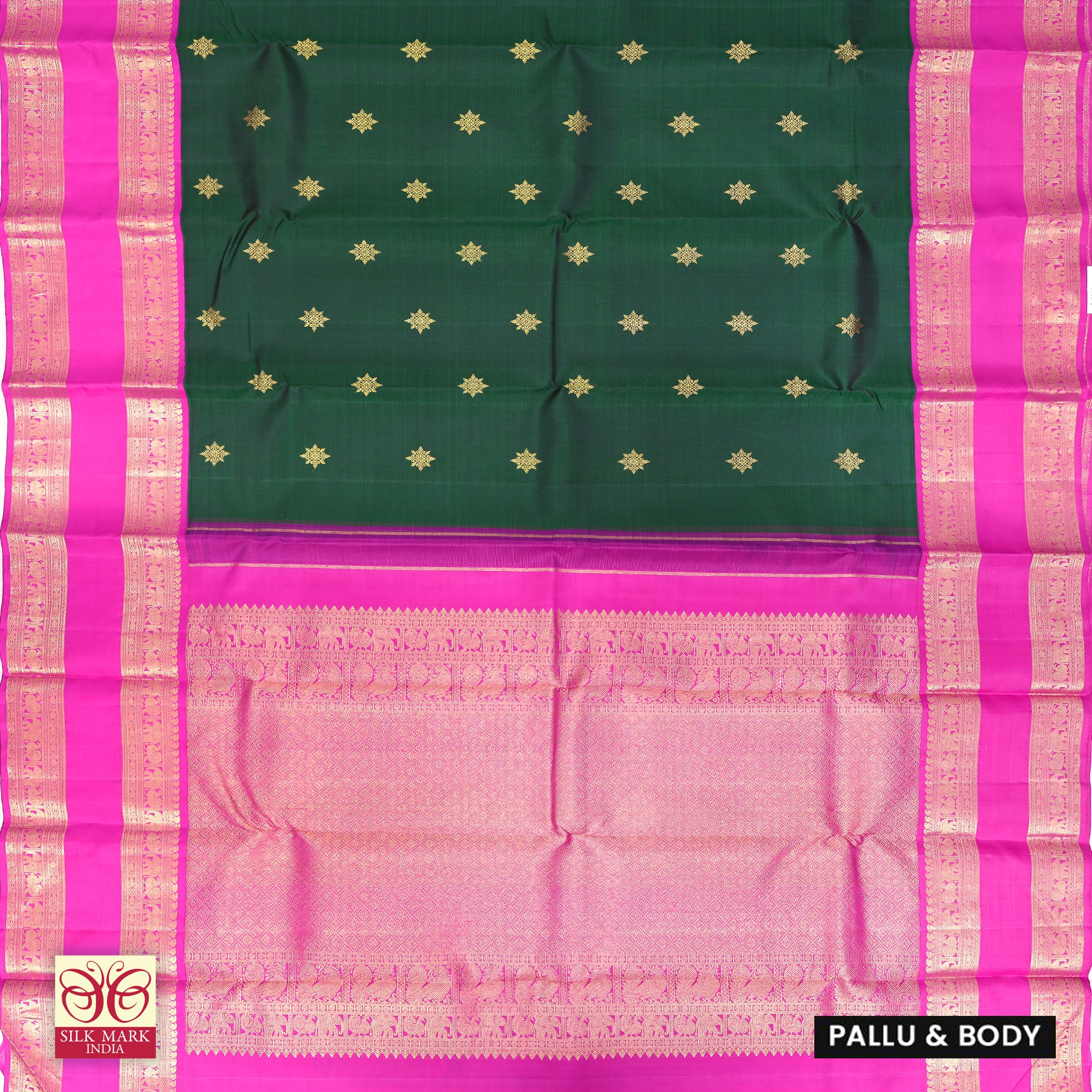 Bottle Green With Magenta Pink Kanchipuram Pure Soft Silk Saree