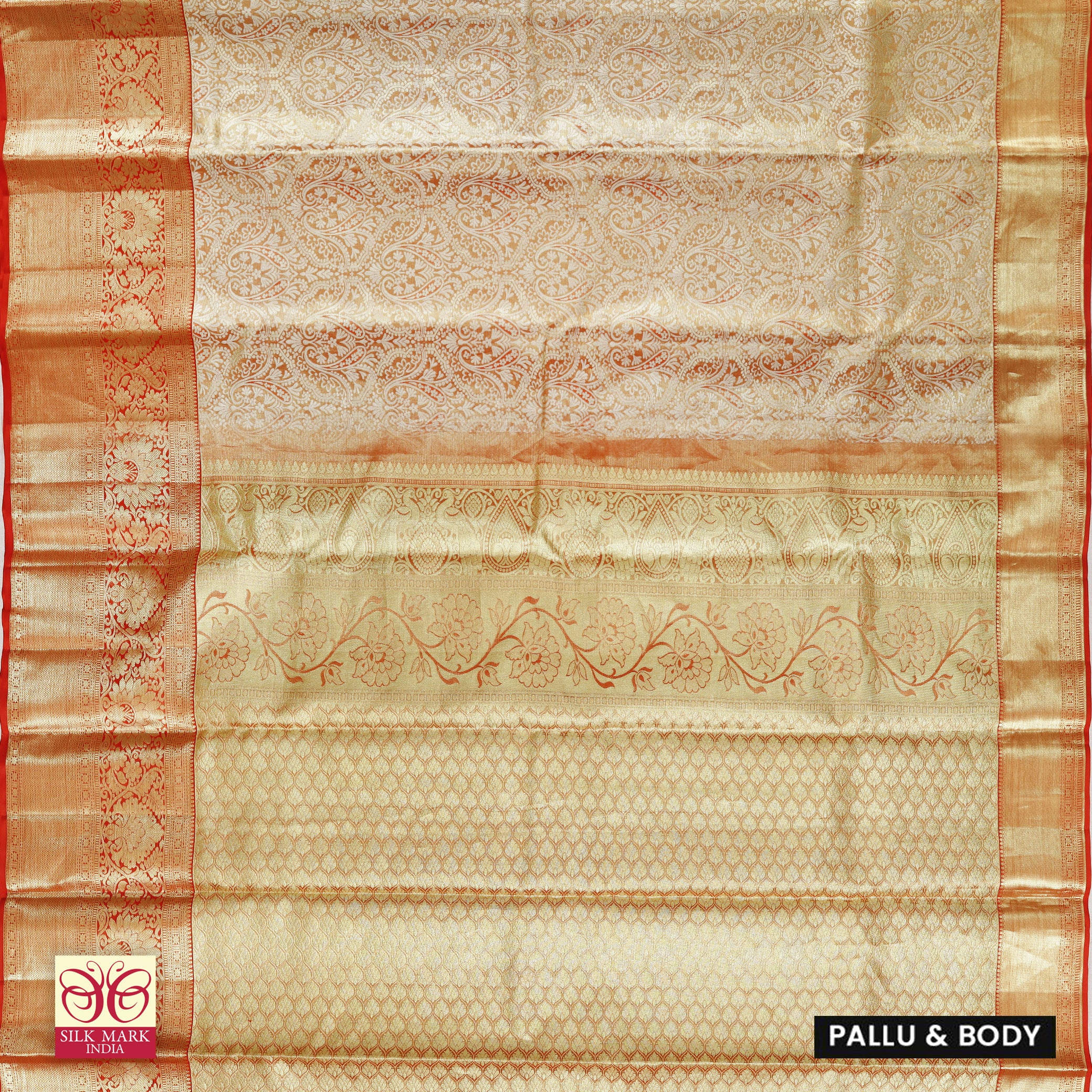 Golden WithRed Gold Zari border Tissue Wedding Silk Saree