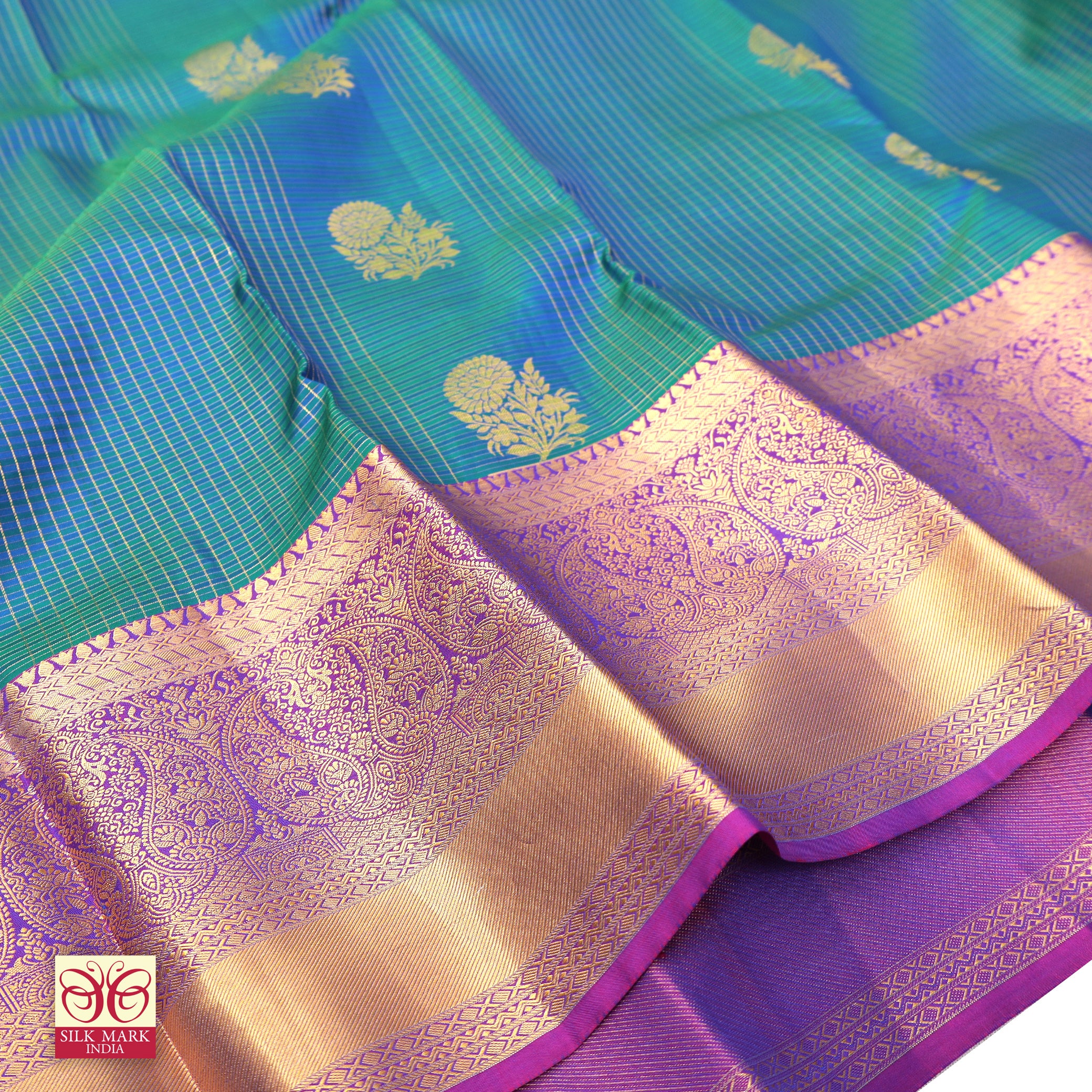 Green With Magenta Pink Kanchipuram Pure Soft Silk Saree