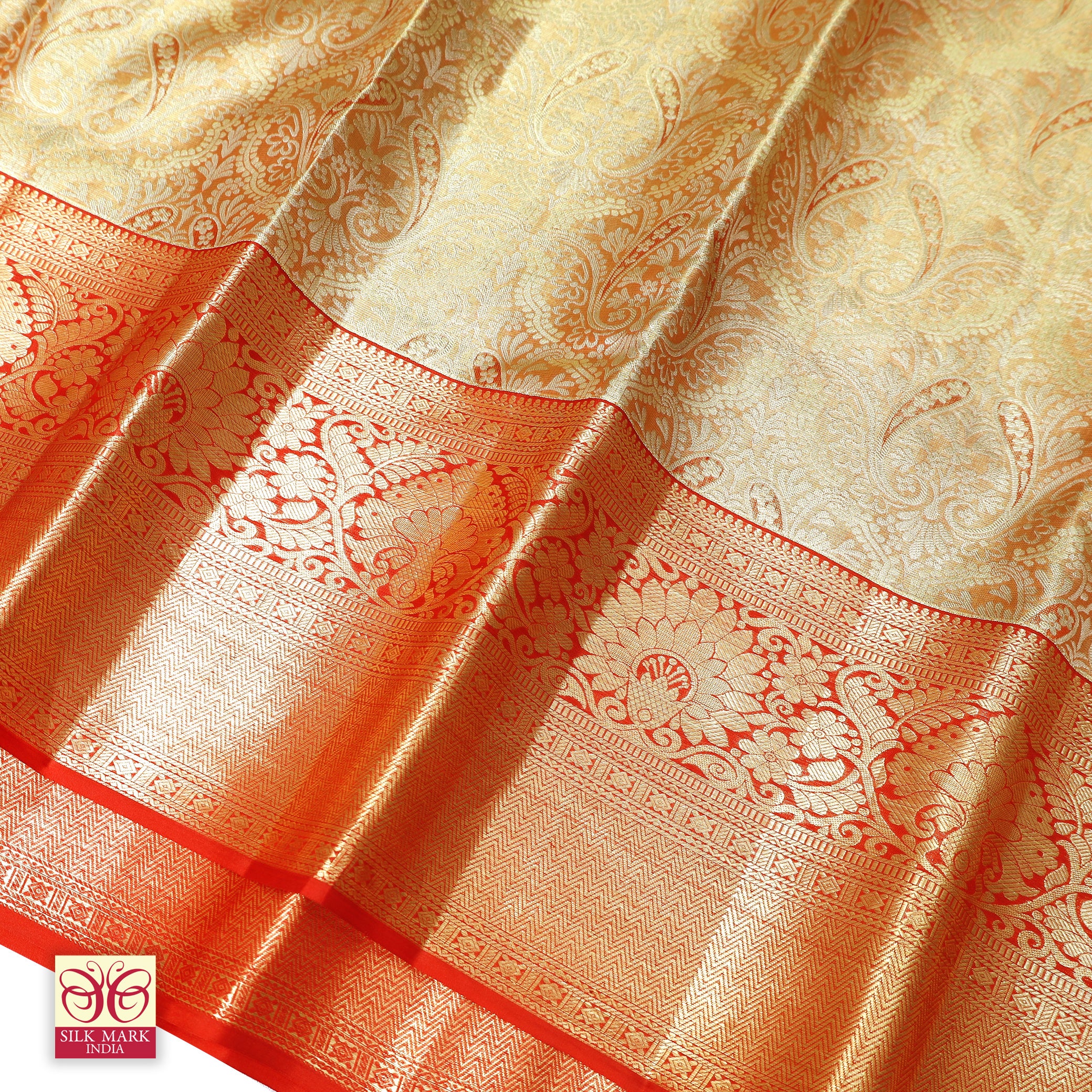 Golden WithRed Gold Zari border Tissue Wedding Silk Saree