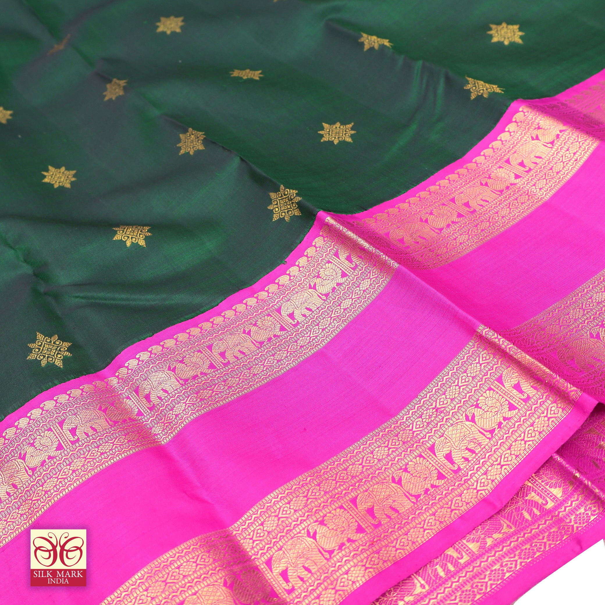 Bottle Green With Magenta Pink Kanchipuram Pure Soft Silk Saree