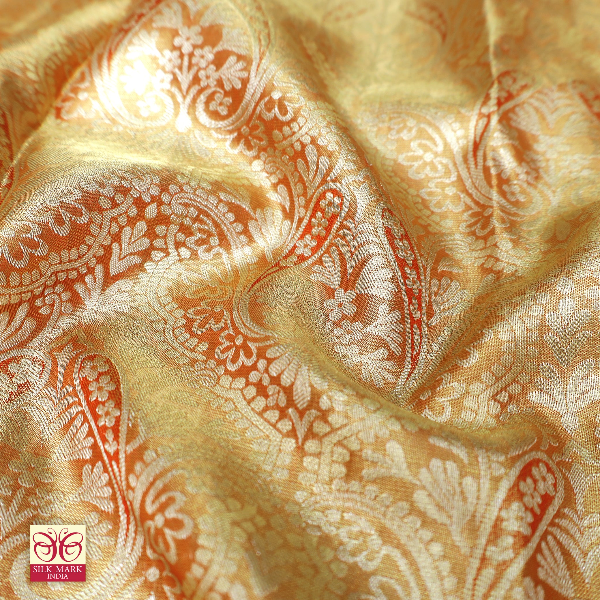 Golden WithRed Gold Zari border Tissue Wedding Silk Saree