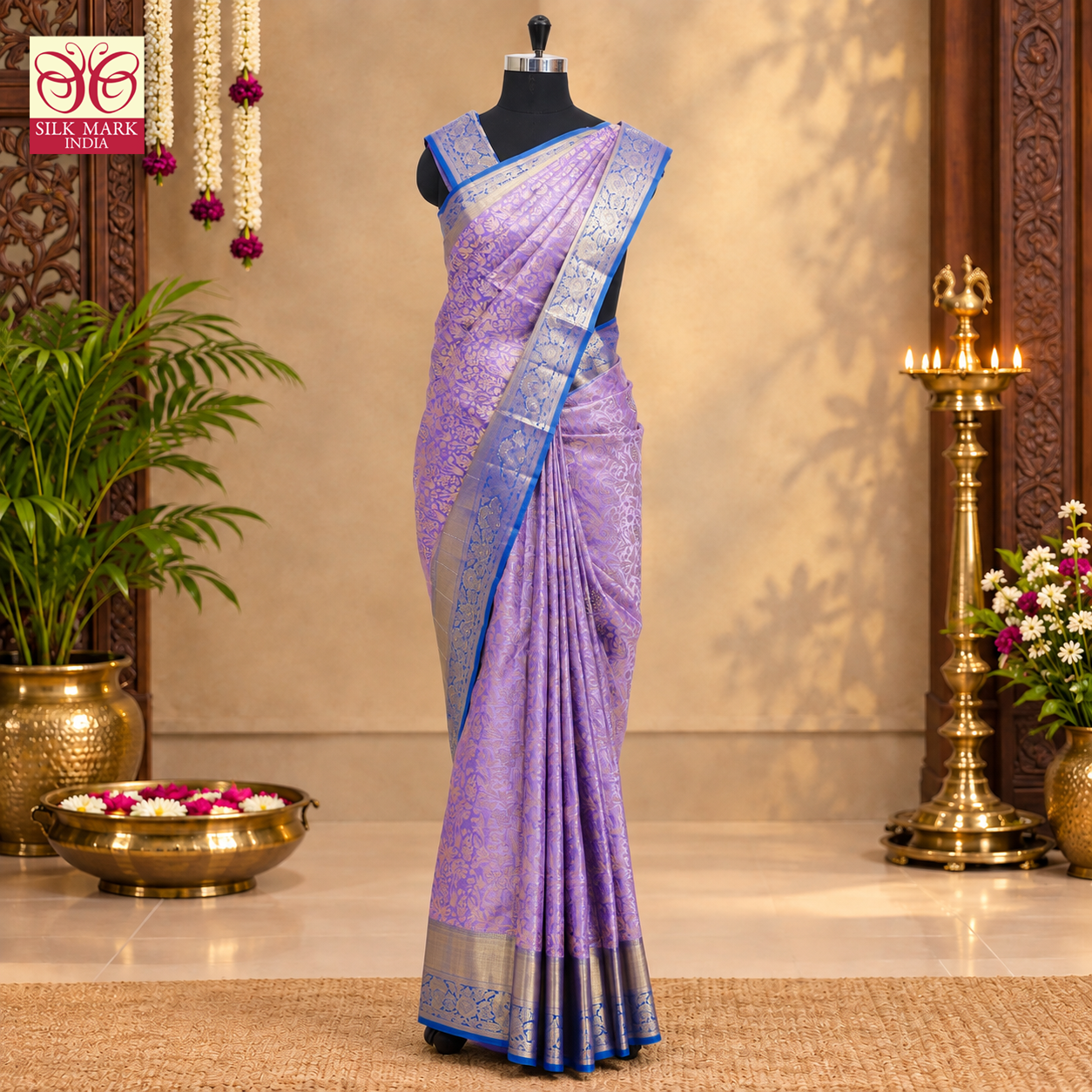 Lavender With Royal Blue Gold Zari Border Subalaya Wedding Silk Saree